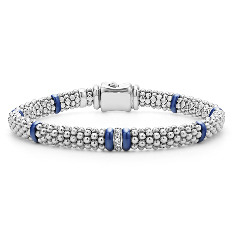 Lagos Sterling Silver Blue Caviar Single Station Diamond Caviar Bracelet