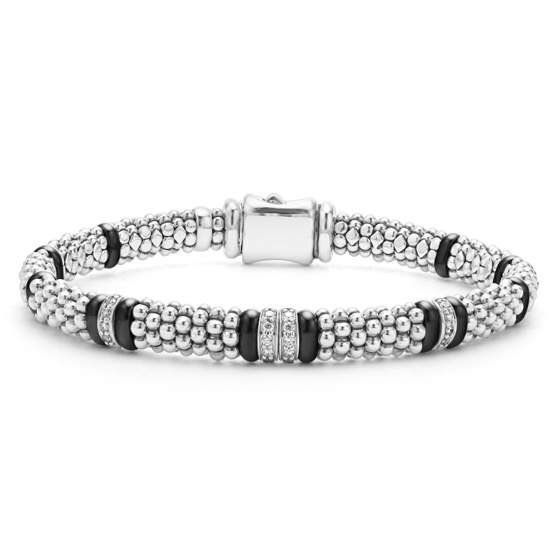 Lagos Sterling Silver Black Caviar Four Station Diamond Caviar Bracelet