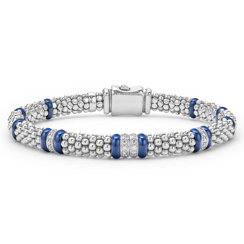 Lagos Sterling Silver Blue Caviar Four Station Diamond Caviar Bracelet