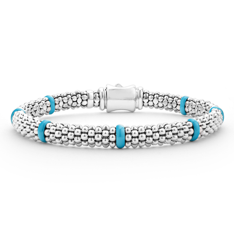 Lagos Sterling Silver Blue Caviar 7 Blue Ceramic Station Rope Bracelet