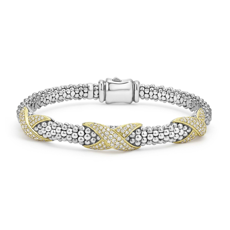 Lagos Embrace Sterling Silver Caviar Beading Bracelet Accented By Three 18K Yellow Gold And Diamond X Stations Weighing 1.09 Carat Total Weight.