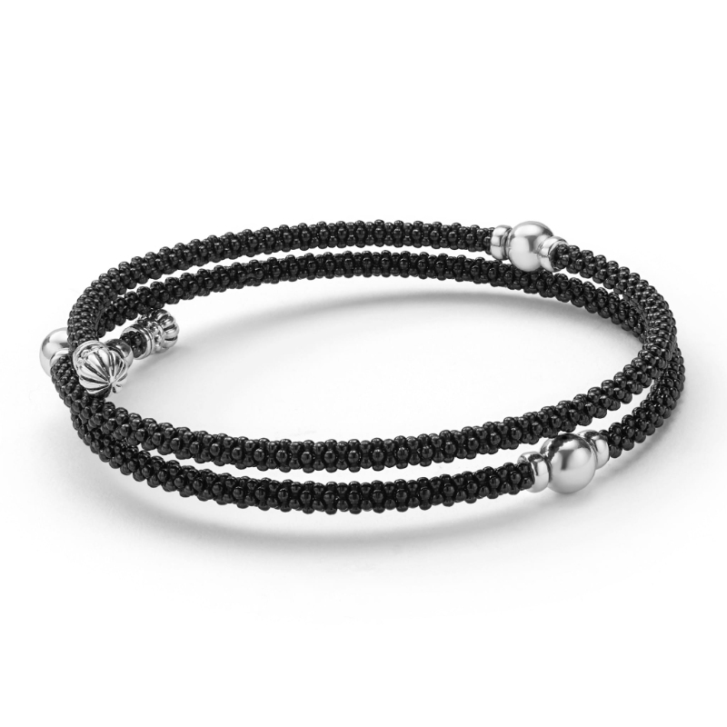 Lagos Black Caviar Black Ceramic Beaded Silver Station Double Wrap Bracelet