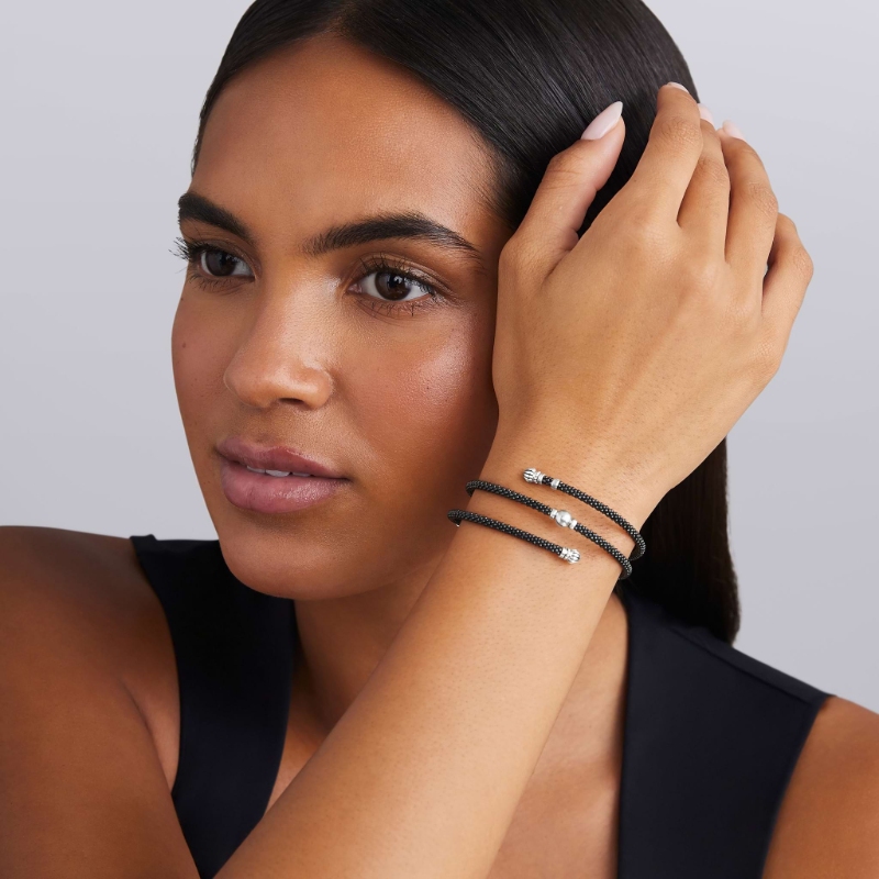 Lagos Black Caviar Black Ceramic Beaded Silver Station Double Wrap Bracelet