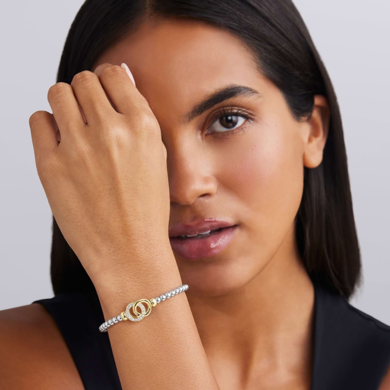 Lagos Signature Caviar 4mm Two-Tone Interlocking Stretch Bracelet