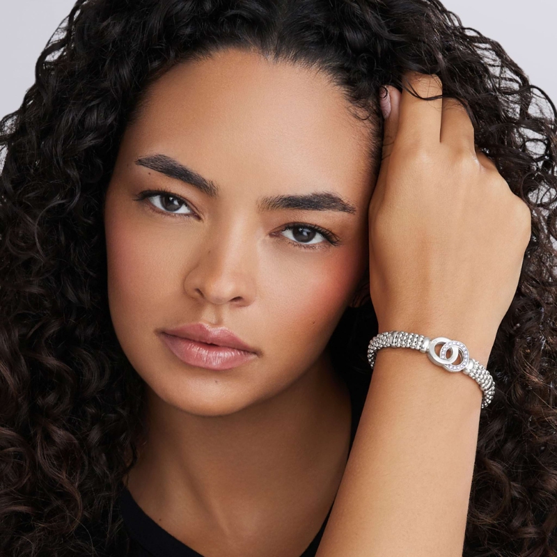 Lagos Signature Caviar 9Mm Interlocking Caviar Bracelet In Sterling Silver With Diamonds Weighing Approx. 0.39 Carat Total Weight, Size M(7)