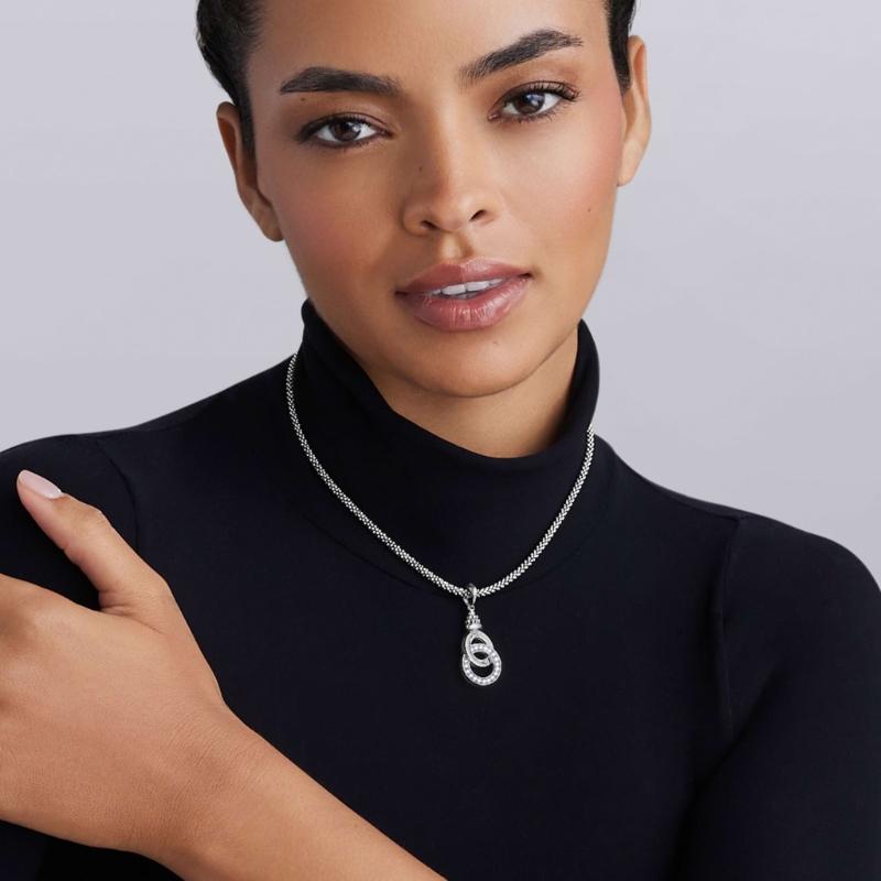 Lagos Signature Caviar 41X17Mm Interlocking Caviar Pendant Necklace In Sterling Silver With Diamonds Weighing Approx. 0.44 Carat Total Weight, 16