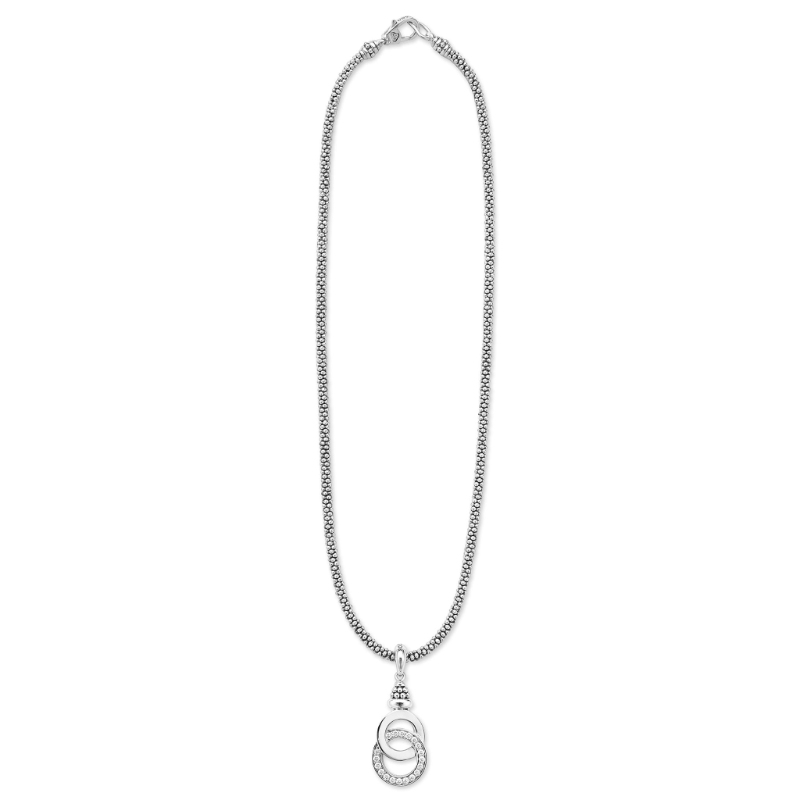 Lagos Signature Caviar 41X17Mm Interlocking Caviar Pendant Necklace In Sterling Silver With Diamonds Weighing Approx. 0.44 Carat Total Weight, 16