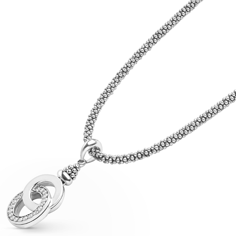 Lagos Signature Caviar 41X17Mm Interlocking Caviar Pendant Necklace In Sterling Silver With Diamonds Weighing Approx. 0.44 Carat Total Weight, 16