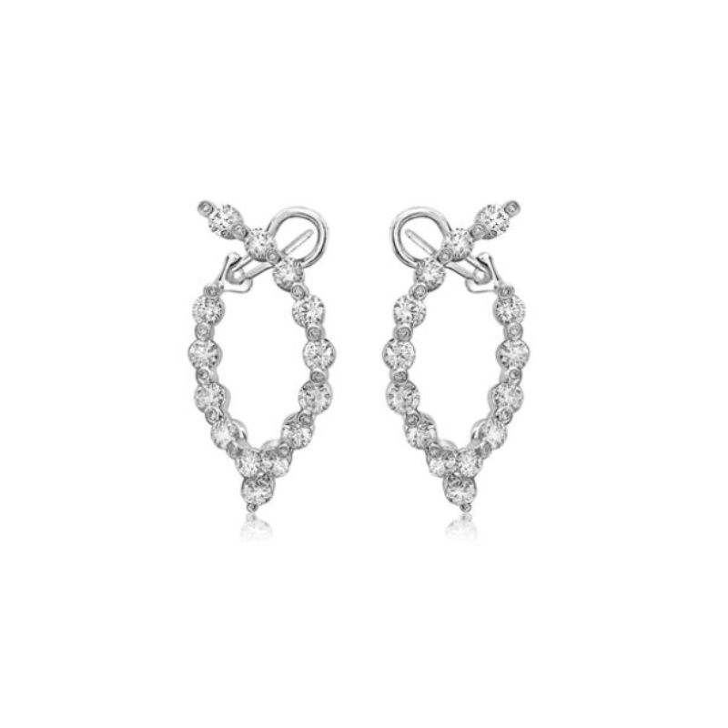 18K White Gold Rhodium Plated Gold & Diamond Oval Point Hoop Earrings