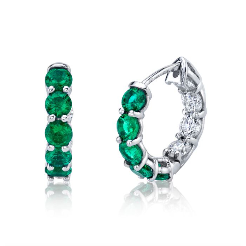Norman Silverman 18K White Gold Rhodium Plated Emerald And Diamond Huggie Hoop Earrings