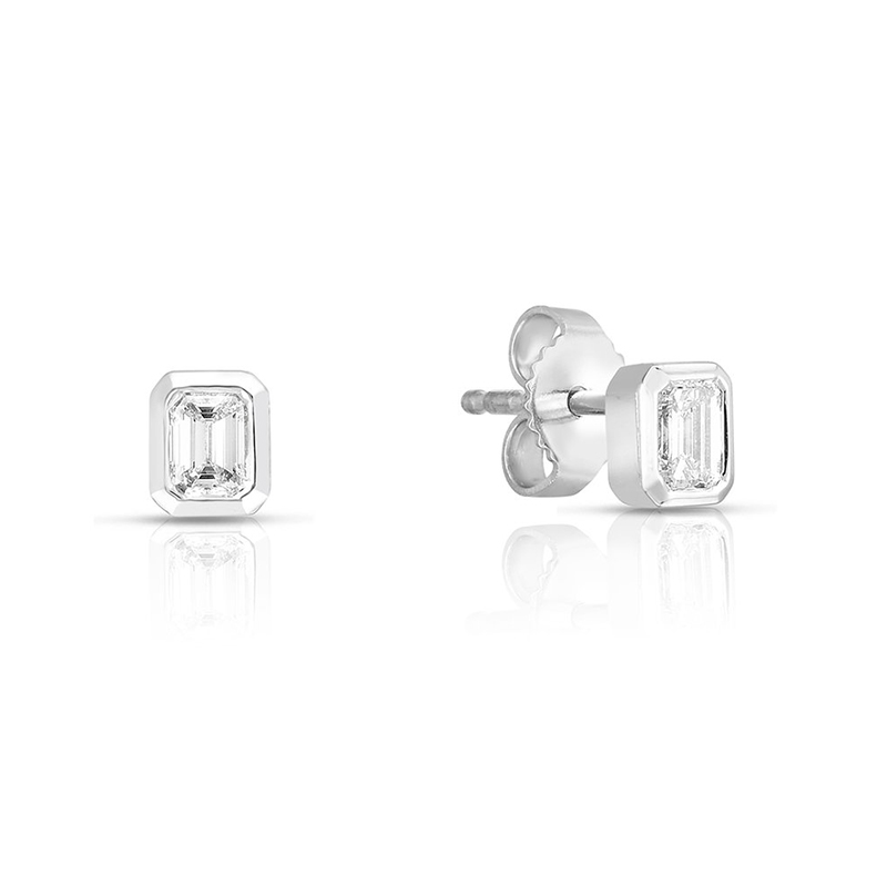 Roberto Coin 18K white gold bezel set emerald cut diamond stud earrings with 2 emerald cut diamonds weighing 0.35 carat total weight