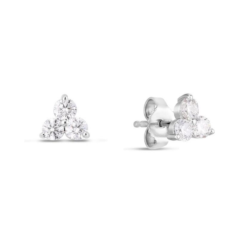 18K white gold rhodium plated 3 stone diamond cluster stud earrings with 6 round diamonds weighing 0.55 carat total weight