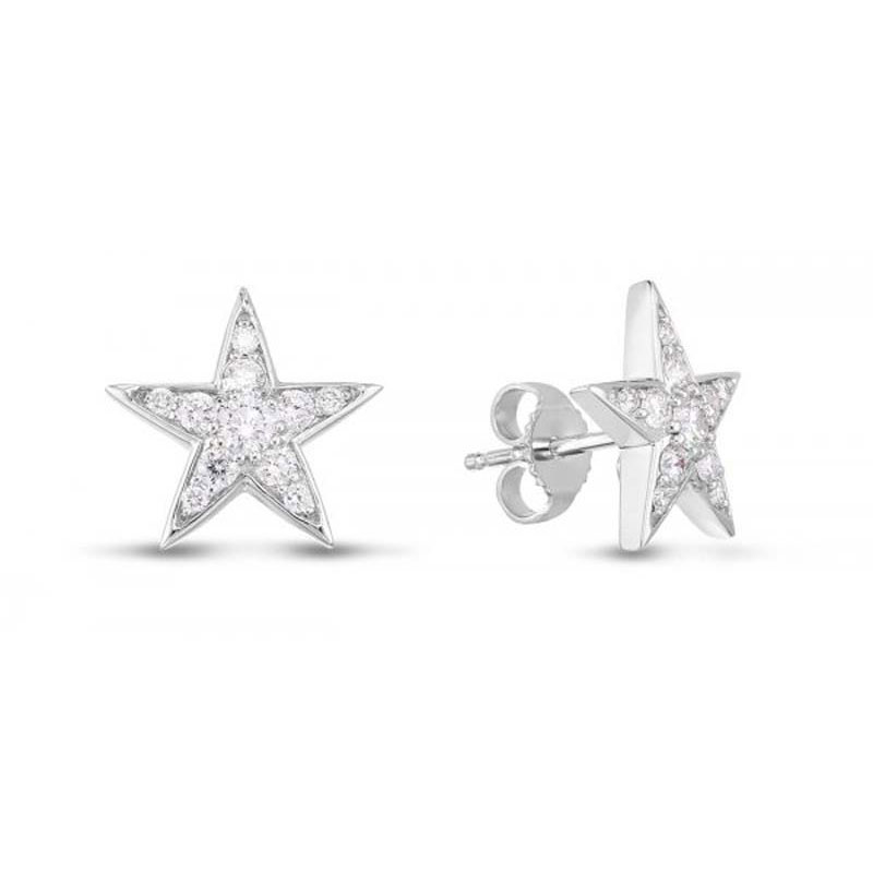 Roberto Coin 18K white gold rhodium plated Tiny Treasures diamond pave star earrings with round diamonds weighing 0.51 carat total weight