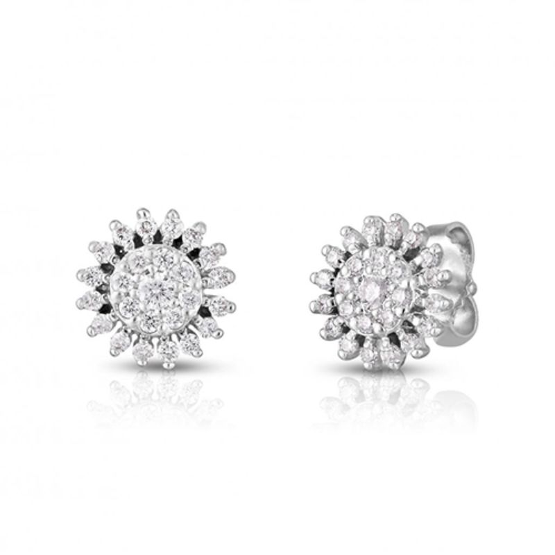 Roberto Coin 18K white gold rhodium plated Tiny Treasures extra small diamond sunburst stud earrings with round diamonds weighing 0.35 carat total weight