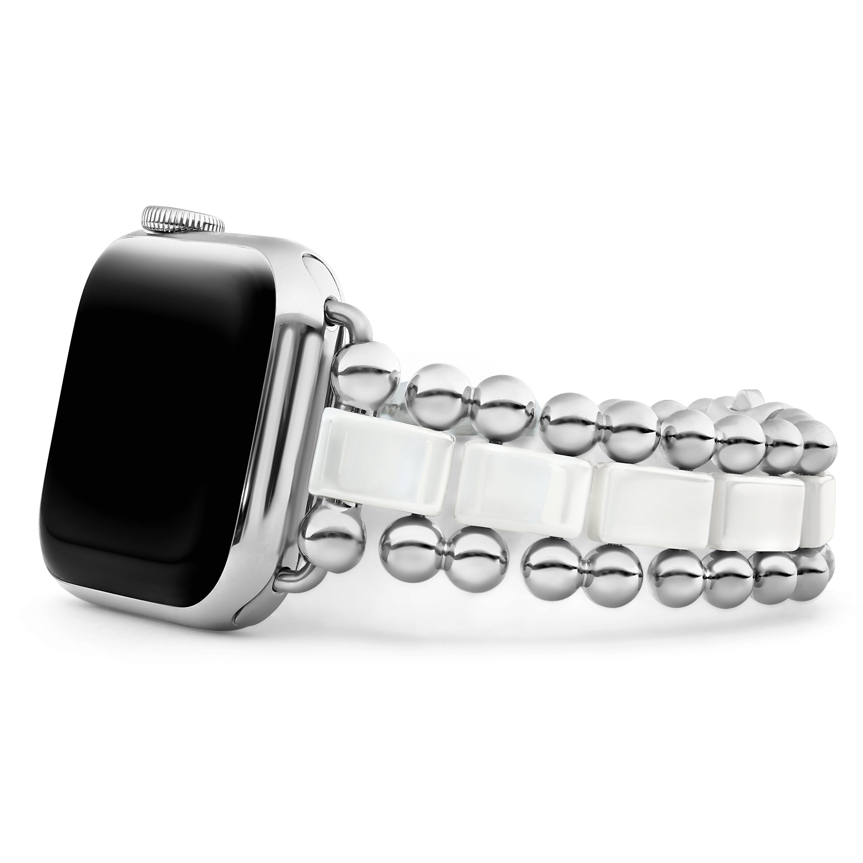 Lagos Sterling Silver Smart Caviar White Ceramic Link Watch Bracelet With Double Button Wide Clasp