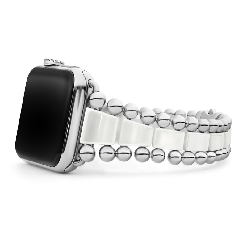 Lagos Sterling Silver Smart Caviar White Ceramic Link Watch Bracelet With Double Button Wide Clasp