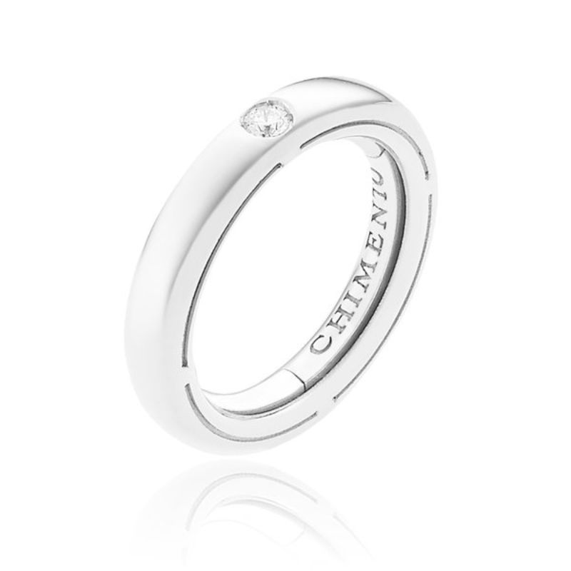 Chimento 18k white gold rhodium plated stack ring with a round diamond weighing 0.07 carat total weight