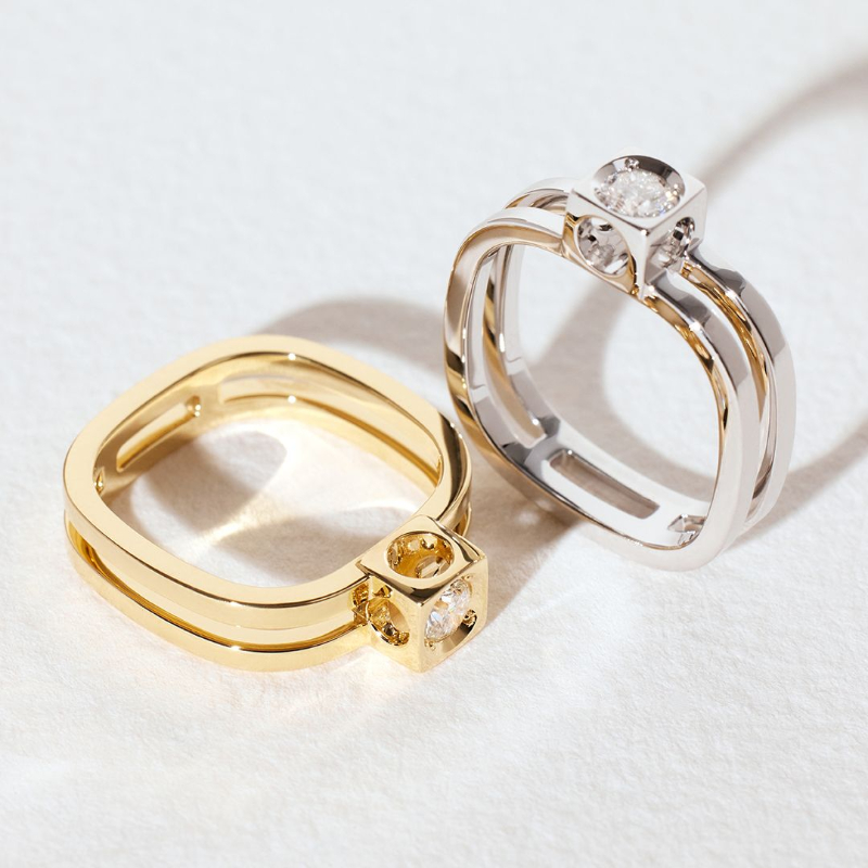 18K Yellow Gold Le Cube Diamant Square Two-Row Ring