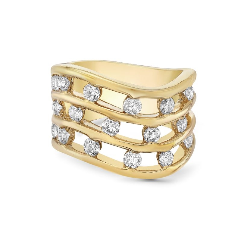 18K Yellow Gold Triple Row Floating Diamond Ring