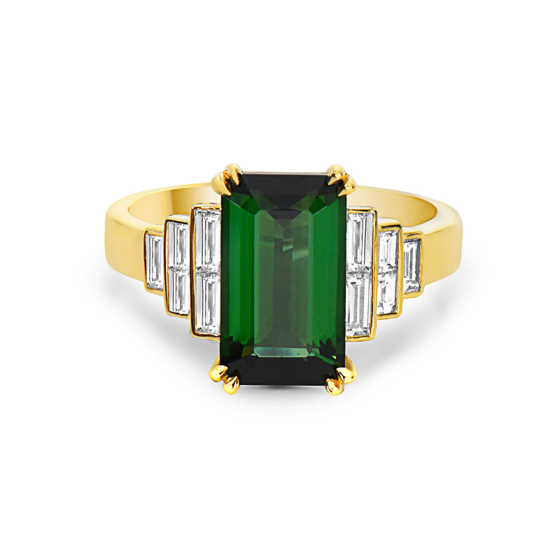 18K Yellow Gold Pastel Emerald Cut Green Tourmaline Ring