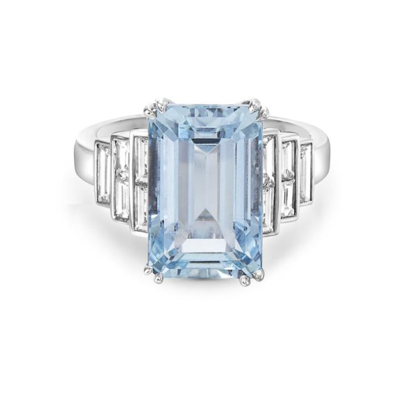 18K White Gold Rhodium Plated Pastel 14X9Mm Emerald Cut Aquamarine Ring