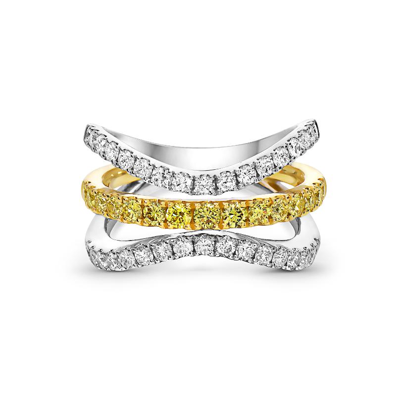 18K White Gold Rhodium Plated And 18K Yellow Gold Precious Pastel Wide 3 Row Curve Ring