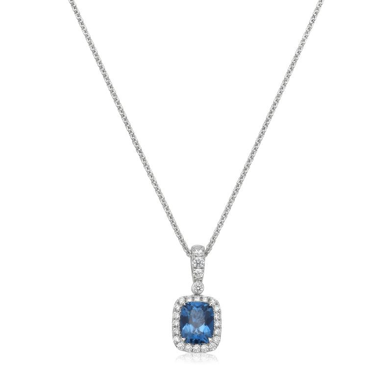 18K White Gold Rhodium Plated Starburst 10X8Mm Cushion Shape London Blue Topaz Pendant Necklace