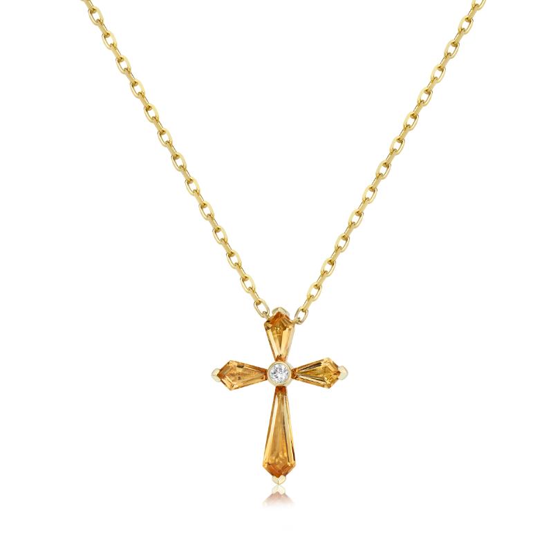 18K Yellow Gold Pastel Cross Pendant Necklace With 4 Citrines Weighing 0.99  Carat Total Weight And A Round Diamond Weighing 0.03 Carat Weight -  4-7389-YC