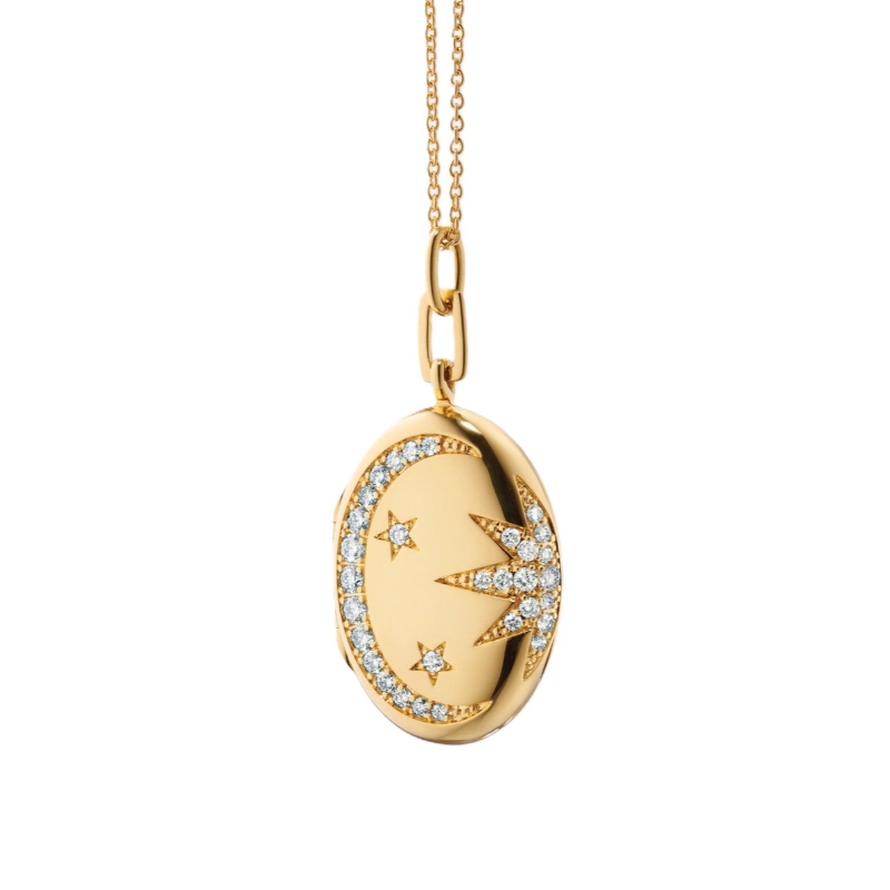 Monica Rich Kosann 18K Yellow Gold Sun, Moon and Stars Galaxy Locket Pendant Necklace