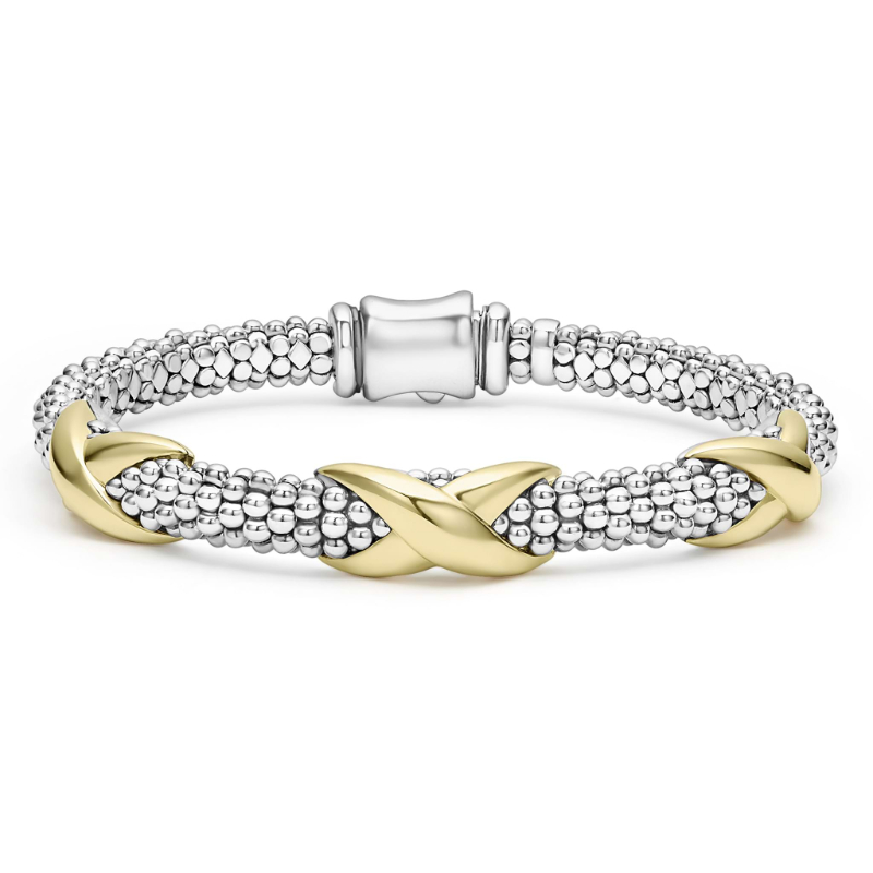 Lagos Sterling Silver And 18K Yellow Gold Embrace Three Station X Caviar Bracelet