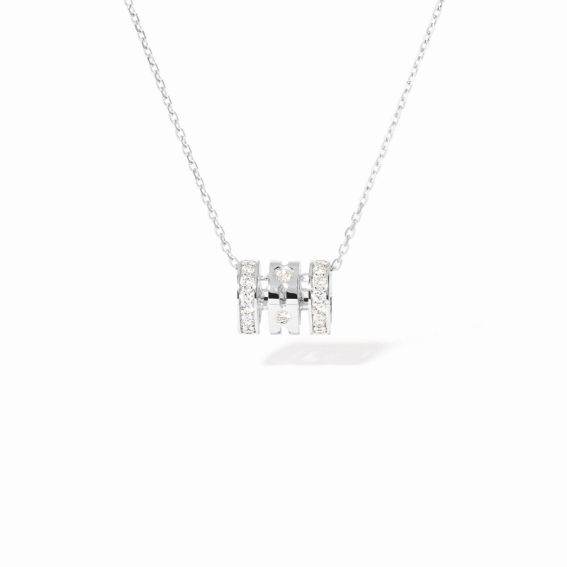 18K White Gold Pulse Small Paved 3 Row Pendant Necklace