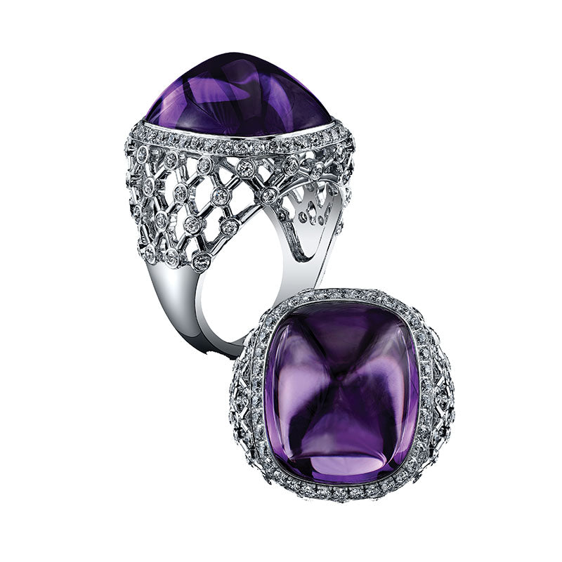 Robert Procop 18K white gold Sugarloaf Amethyst Lattice Legacy ring with 1 sugarloaf amethyst weighing 18.07 carats, 84 round diamonds weighing 1.33 carats total weight, SZ 7