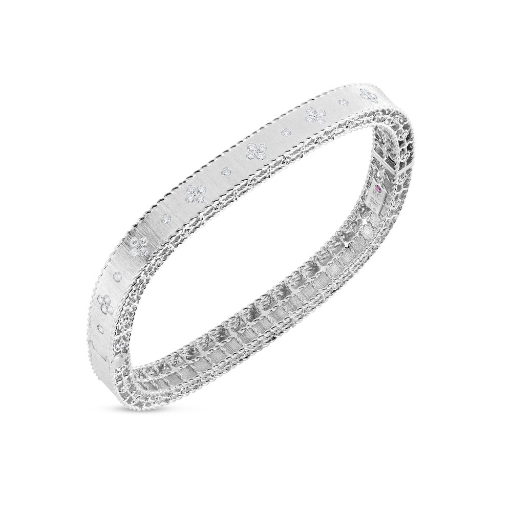 Roberto Coin 18 Karat White Gold Satin Finish Fleur De Lis Diamond Bangle