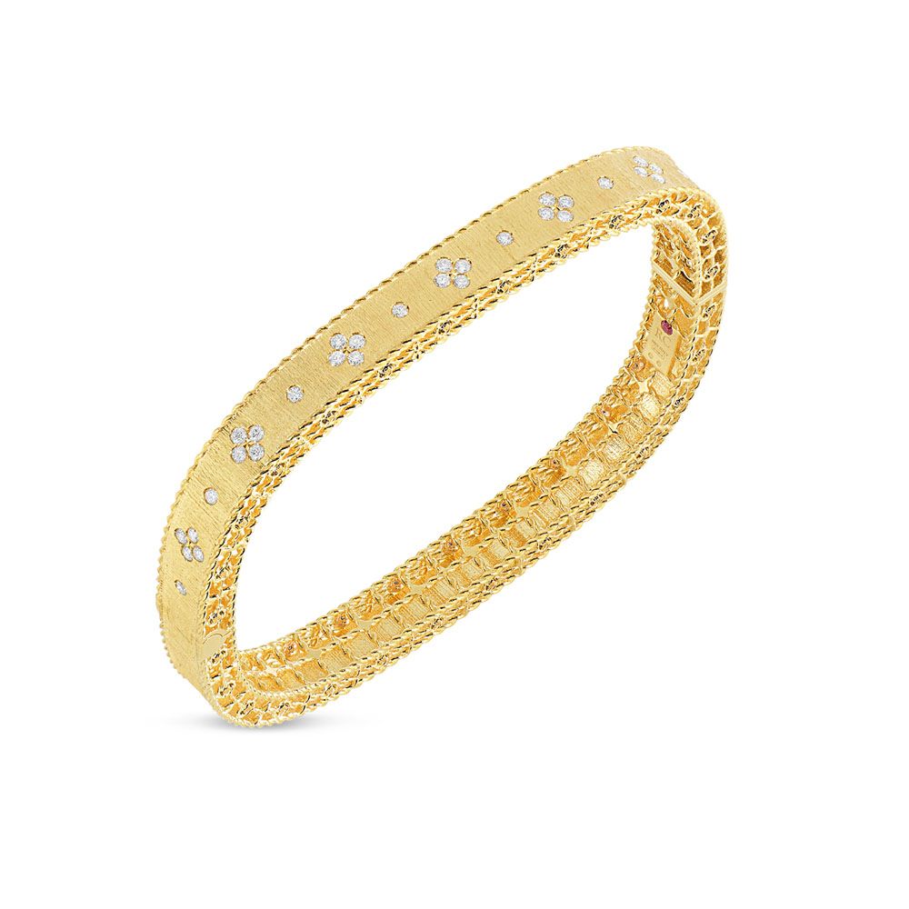 Roberto Coin 18 Karat Yellow Gold Satin Finish Fleur De Lis Diamond Bangle