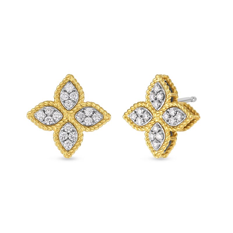 Roberto Coin 18 Karat Yellow Gold Princess Flower Medium Stud Earrings With Diamonds