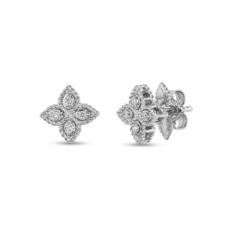 Roberto Coin 18 Karat White Gold Princess Flower Small Stud Earrings With Diamonds