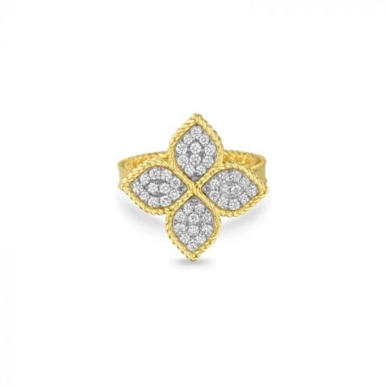 Roberto Coin 18K yellow and white rhodium plated gold Princess Flower diamond flower ring with round diamonds weighing 0.45 carat total weight, SZ 7