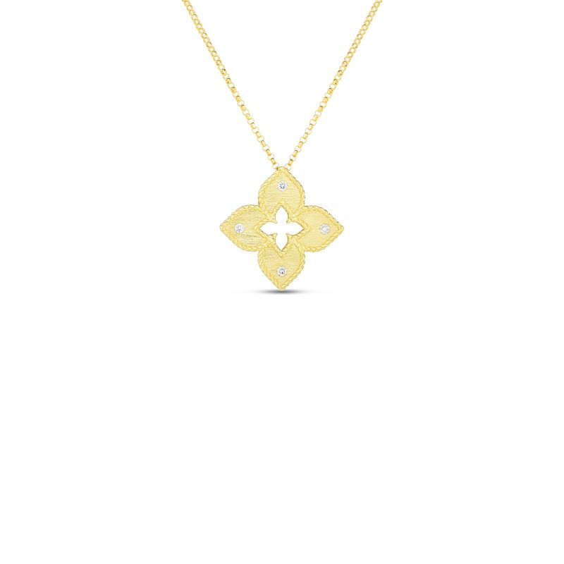 Roberto Coin 18 Karat Yellow Gold Diamond Venetian Princess Satin Flower Pendant Necklace