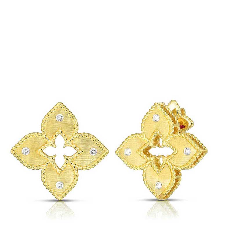 Roberto Coin 18K yellow gold Venetian petite diamond flower earrings with round diamonds weighing 0.05 carat total weight