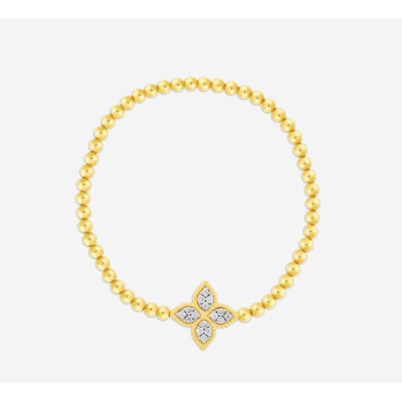 Roberto Coin 18k yellow gold Princess Flower stretch bracelet with medium diamond flower weighing 0.17 carat total weight