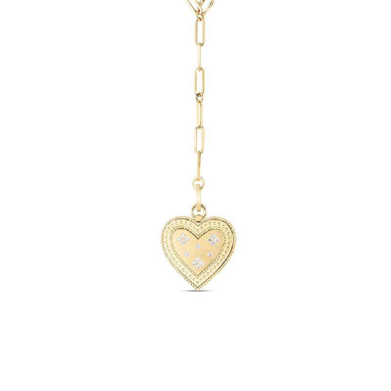 Roberto Coin 18K yellow gold Medallion Charms large diamond heart pendant with round diamonds weighing 0.22 carat total weight, 19"