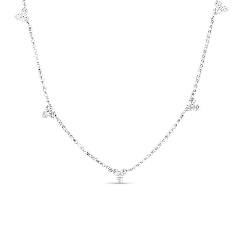 Roberto Coin 18K white gold rhodium plated Diamonds by the Inch 5 station diamond cluster necklace with round diamonds weighing 0.45 carat total weight, 18"