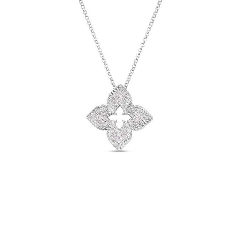 Roberto Coin 18K White Gold Venetian Princess Pave Medium Flower Pendant Necklace