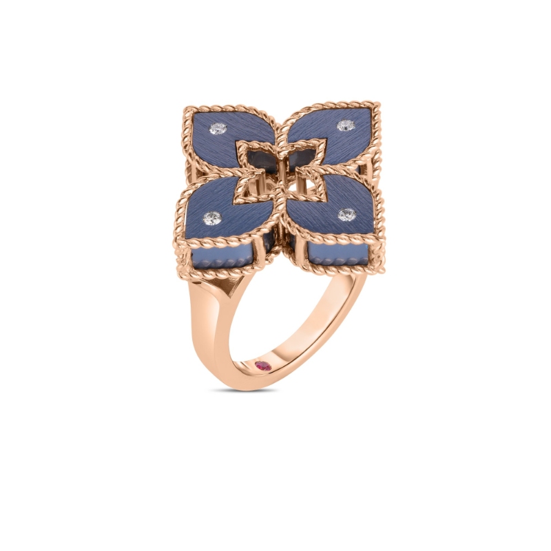 Roberto Coin 18K Rose Gold Venetian Princess Blue Titanium And Diamond Flower Ring