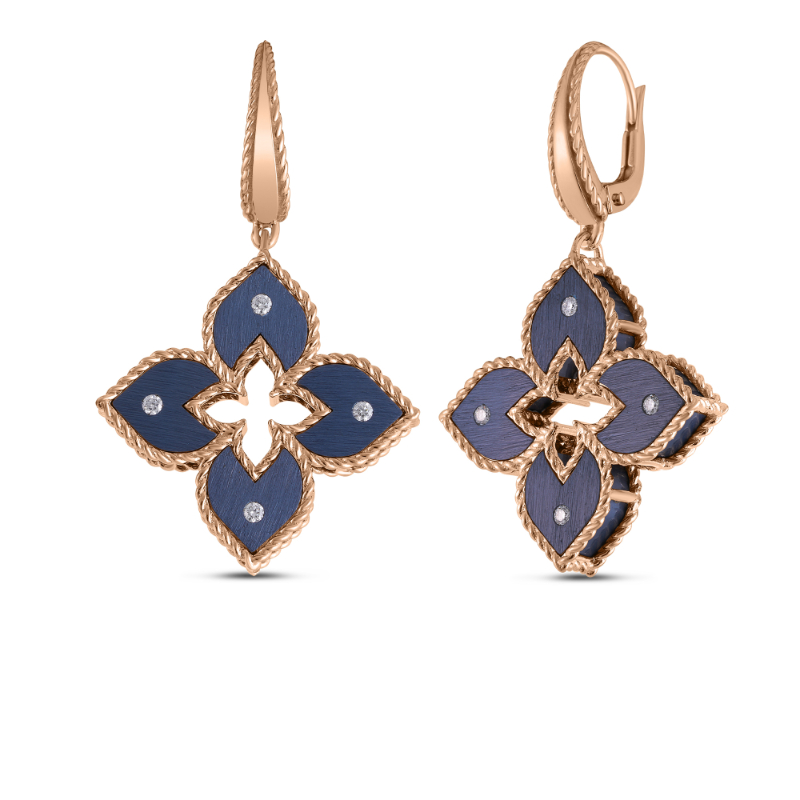Roberto Coin 18K Rose Gold Venetian Princess Blue Titanium And Diamond Flower Drop Earrings
