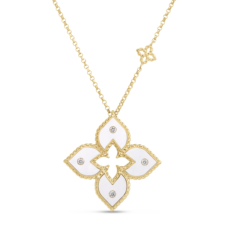 Roberto Coin 18K Yellow Gold Venetian Princess Enamel Diamond And White Enamel Flower Pendant Necklace