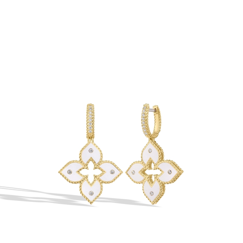 Roberto Coin 18K Yellow Gold Venetian Princess Enamel Diamond And White Enamel Flower Drop Earrings