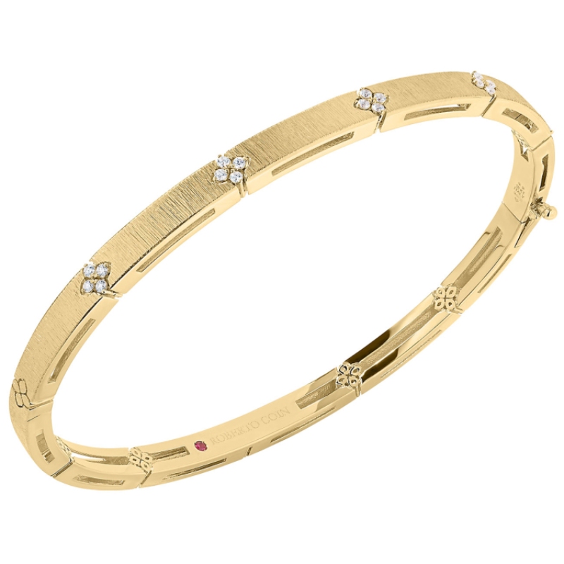 Roberto Coin 18K Yellow Gold Love In Verona Classic Diamond And Satin Finish Accent Narrow Bangle Bracelet