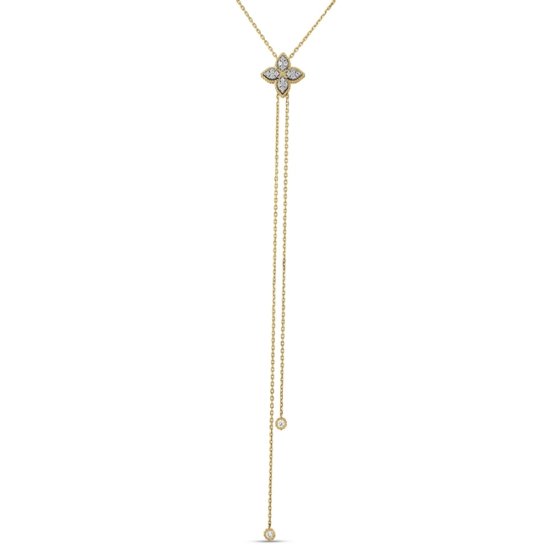 Roberto Coin 18K Yellow Gold And 18K White Gold Princess Flower Classic Pave Diamond Lariat Necklace
