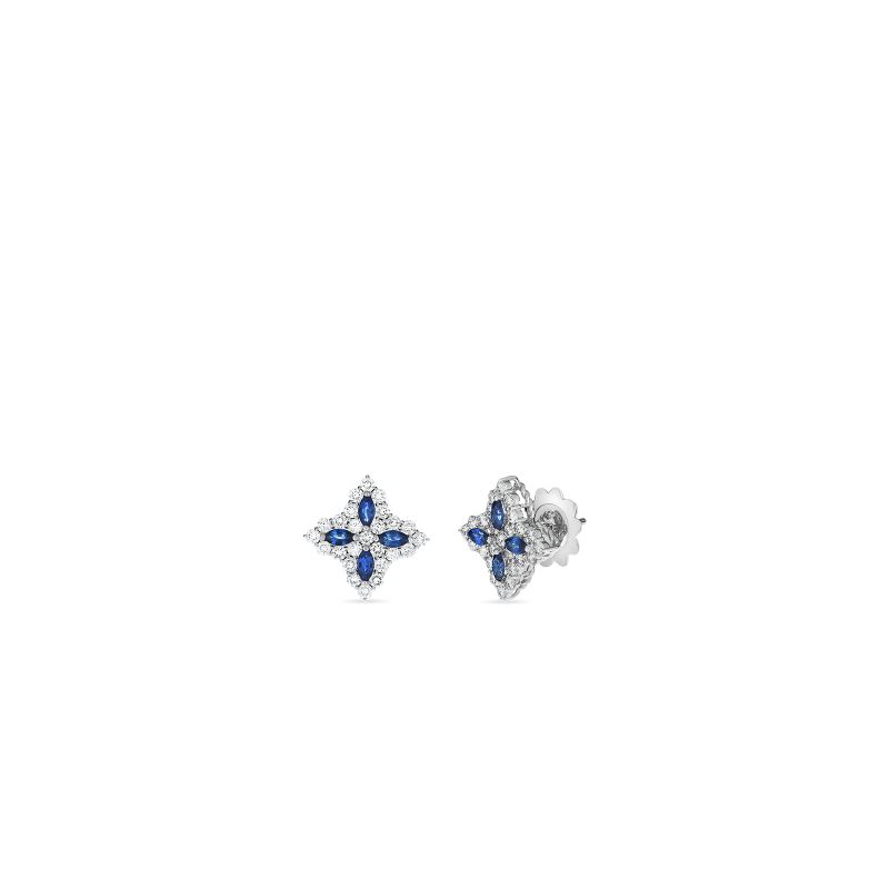 Roberto Coin 18 Karat White Gold Diamond And Sapphire Medium Flower Stud Earrings
